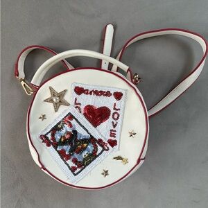 White and Red Embellished Round Bag